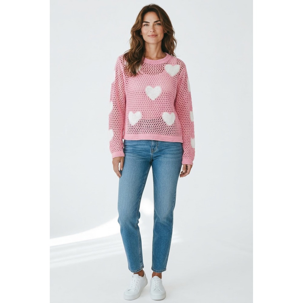 NWOT POL Pink Open Knit Heart Sweater Womens Sm Crew Neck Long Sleeve Pullover